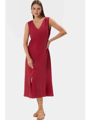 Yazlık Kadın Midi Elbisesi V Yaka Düz Kesim Polyester Şık ve Rahat Konforlu Yüksek Kalite