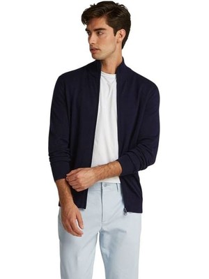 Tommy Hilfiger Erkek Fermuarlı Dik Yaka Pamuklu Triko Hırka - Lacivert