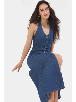 Volanlı Etekli Denim Halter Yaka Maxi Elbise 139CM Pamuk Rahat ve Şık Profesyonel Görünüm