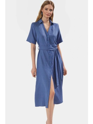 Şık Midi Gömlek Elbise Aerobin Dokuma Yazlık Kısa Kollu Günlük Kullanım Için