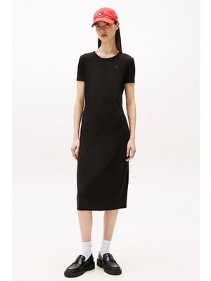 Kadın Fitilli Vücudu Saran Slim Fit Midi Elbise - Siyah