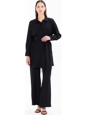 Kadın Düğme Detaylı Geniş Paça Pantolon-Siyah