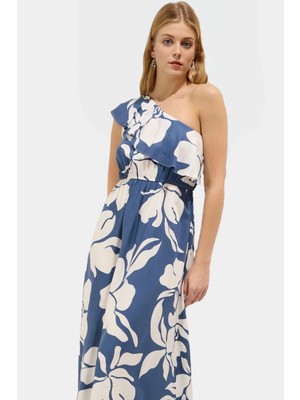 Viskoz Kumaş Midi Elbise Şık Çiçek Desenli Asimetrik Yaka Günlük Stil Modern Premium Kalite