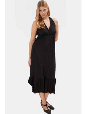 Maxi Örme Elbise V Yaka Desenli Rahat Günlük Yazlık ve Şık Kullanım Zarifane Tasarım