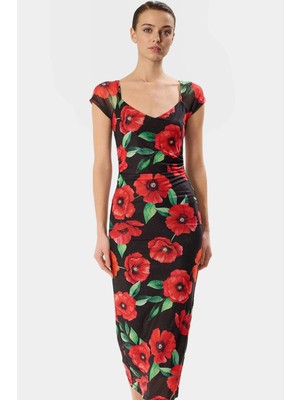 Kısa Kollu Midi Boy Bodycon Puantiyeli Polyester Elbise Yüksek Kalite Rahat Kullanım ve Şık