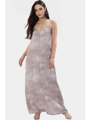 Maxi V Yaka Soyut Desenli Saten Elbise Rahat Yazlık Günlük Stil Trend Tasarım Kaliteli Işçilik