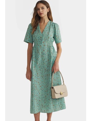 Çiçekli A Kesim Midi Elbise Polyester Dokuma Yazlık Günlük Zarifane Tasarım Seçkin Malzeme