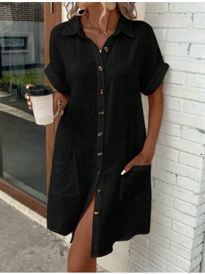 Tiana Kadın Kısa Kollu Bisiklet Yaka Yandan Yırtmaçlı Viskon Midi Elbise