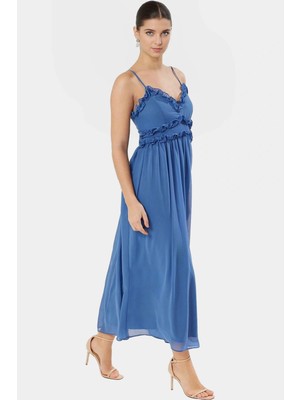 Astarlı Şifon Maxi Elbise Feminen V Yaka Çiçekli Desen Rahat Kalıp Konforlu Kesim Trend Tasarım