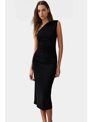 Tek Omuzlu Midi Kalem Elbise Örme Kumaş Bodycon Günlük Şık Rahat Kullanım Seçkin Malzeme