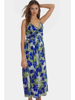 Astarlı Şifon Maxi Elbise Feminen V Yaka Çiçekli Desen Rahat Kalıp Konforlu Kesim Trend Tasarım