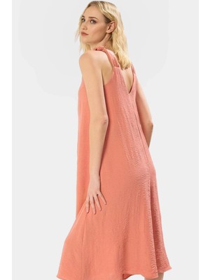 Rahat Kesim Kolsuz V Yaka Midi Elbise Polyester Dokuma Kumaş Premium Kalite
