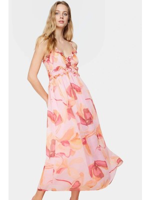 Çiçek Desenli A Kesim Maxi Elbise Şifon Kumaş V Yaka Astarlı Rahat ve Şık Trend Tasarım