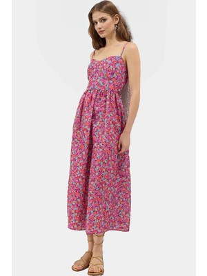Pamuklu Dokuma Midi Elbise A Kesim Kalp Yaka Çiçekli Desen Yazlık Yüksek Kalite Günlük Kullanım Için