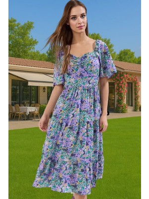 Rahat A Kesim Balon Kollu Midi Viskoz Elbise Kaliteli Işçilik Dayanıklı Malzeme Uzun Ömürlü