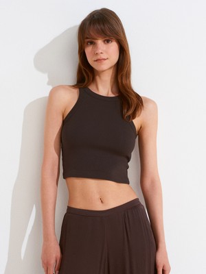 21104 Fitilli Crop Top-Koyu Kahve