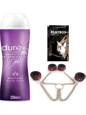 Durex Aloe Vera  Masaj & Kayganlaştırıcılı Jel + Kırmızı Deri El ve Ayak Kelepçesi + Hediye