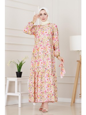 Çiçekli Kumsal Elbise-Pembe