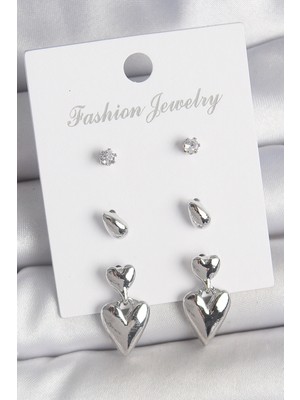 Pirinç Gümüş Renk Zirkon Taşlı Sallantılı Kalp Model 3 Çift Kadın Küpe Seti SL11849