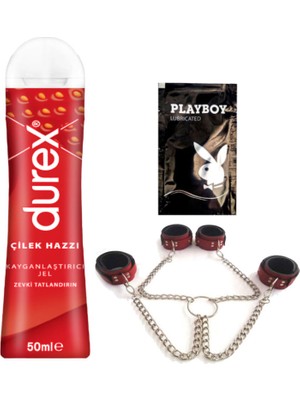 Durex Çilek Hazzı 50 ml Jel + Kırmızı Deri El ve Ayak Kelepçesi + Hediye
