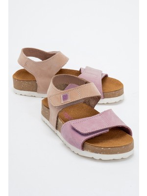 Mnpc Unisex Çocuk Lila-Pembe Hakiki Deri Mantar Tabanlı Günlük  Çocuk Sandalet