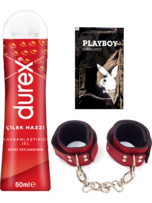 Durex Çilek Hazzı 50 ml Jel + Kırmızı Deri El Kelepçesi + Hediye