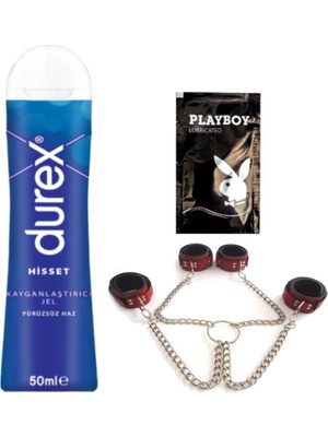 Durex Hisset Pürüzsüz Hazlar 50 ml Jel + Kırmızı Deri El ve Ayak Kelepçesi + Hediye