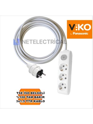 Multi-Let | Üçlü 6 Metre Anahtarlı Topraklı Çocuk Korumalı Grup Priz - 3'lü, 6 M, 3x1.5 Ttr (Tam Bakır) Kablolu