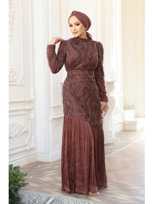 Boncuk Işlemeli Kahverengi Tesettür Abiye Elbise 51621KH