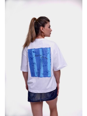 Afloow Kadın Beyaz Oversize T-Shirt - Meet Me At The Beach Baskılı