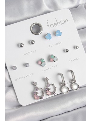 Pirinç Gümüş Renk Zirkon Taşlı Sallantı Halka Model Çiçek Detay 7 Çift Kadın Küpe Seti SL11801