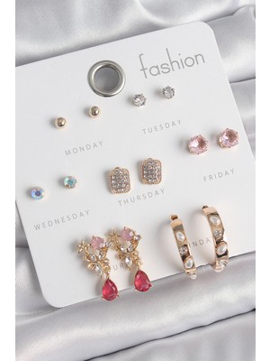 Pirinç Gold Renk Zirkon Taşlı Çiçek Figür Incili Halka Figür 7 Çift Kadın Küpe Seti SL11793