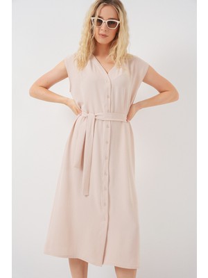 Kadın Sıfır Kol Kuşaklı Ayrobin Elbise 2568 - Krem