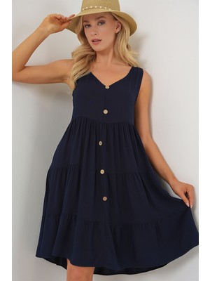 Kadın Sıfır Kol Düğmeli Kısa Elbise 2571 - Lacivert