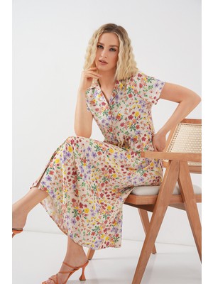 Kadın Boydan Düğmeli Kısa Kol Çiçekli Elbise 2561 - Krem