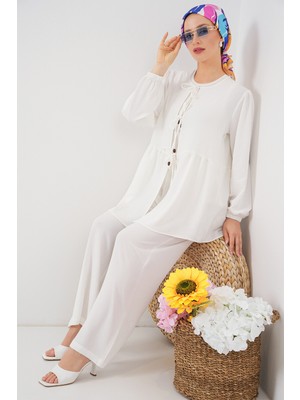 Kadın Önü Bağcıklı Tunik Pantolon Ikili Takım 6744 - Beyaz