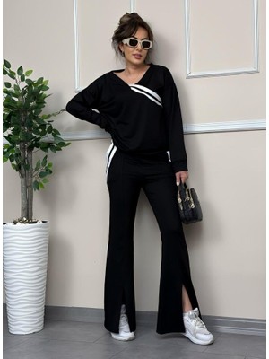 Mall Of Gkc Kadın Ribana Detay Bluz ve Ispanyol Paça Yırtmaçlı Pantolon Ikili Takım