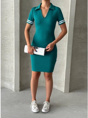 Mall Of Gkc Kadın Yakalı Kolları Şeritli Mini Boy Kısa Kollu Elbise