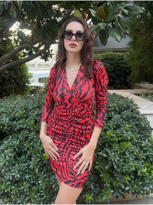 Mall Of Gkc Kadın Uzun Kollu Kruvaze Yaka Ön Kısım Büzgülü Zebra Desen Dalgıç Elbise