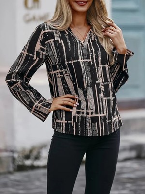 Mall Of Gkc Kadın Uzun Kollu V Yakalı Desenli Dalgıç Bluz