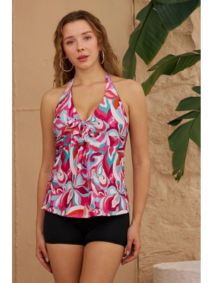 Starinci Mayo Tankini Şortlu Pembe Yaz Desenli Kadın Plaj Modası Esnek Kumaşlı Rahat Ürün