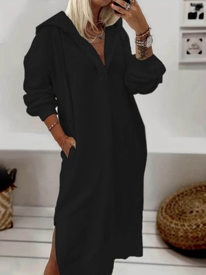 Mall Of Gkc Kadın Uzun Kollu Kapüşonlu Yakası Açık Modal Elbise