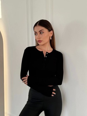 Mall Of Gkc Cıt Cıt Detaylı Uzun Kollu Crop - Siyah