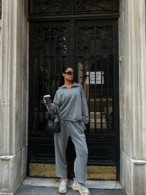 Mall Of Gkc Yıkamalı Iki Iplik Kumaş  Yakalı Fermuarlı Oversize  Eşofman Takımı - Gri