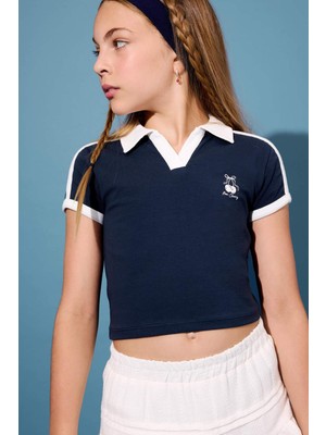 DeFacto Slim Fit Dar Kesim Polo Yaka Baskılı Kısa Kollu Tişört Kız Çocuk F8457A825HS