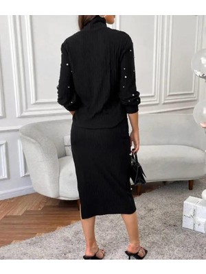 Mall Of Gkc Kadın Balıkçı Yaka Inci Detay Kazak ve Yırtmaç Detay Etek Fırsat Ürün Ikili Takım