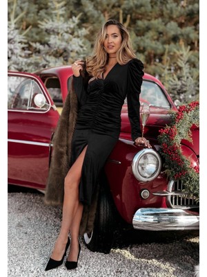 Mall Of Gkc Kadın Uzun Kollu Derin Kruvaze Yakalı Önden Büzgülü Yırtmaç Detaylı Kadife Midi Elbise