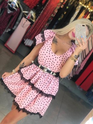 Mall Of Gkc Kadın Derin Göğüs Dekolteli Puantiye ve Dantel Detay Fırsat Ürün Elbise