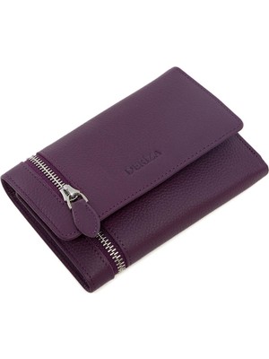 Deriza Fermuarlı Hakiki Deri Kadın Cüzdan Mürdüm