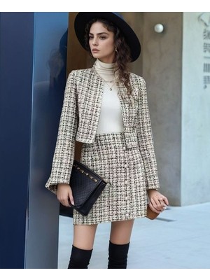 Mall Of Gkc Kadın Uzun Kollu Önü Açık Düğme Detaylı Dokuma Ceket Etek Ikili Takım